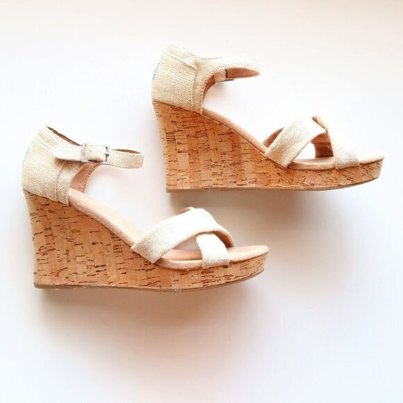 Toms Beige Canvas Ankle Strap Cork Platform Wedge Heel Sandals / Summer Shoes - Picture 12 of 16